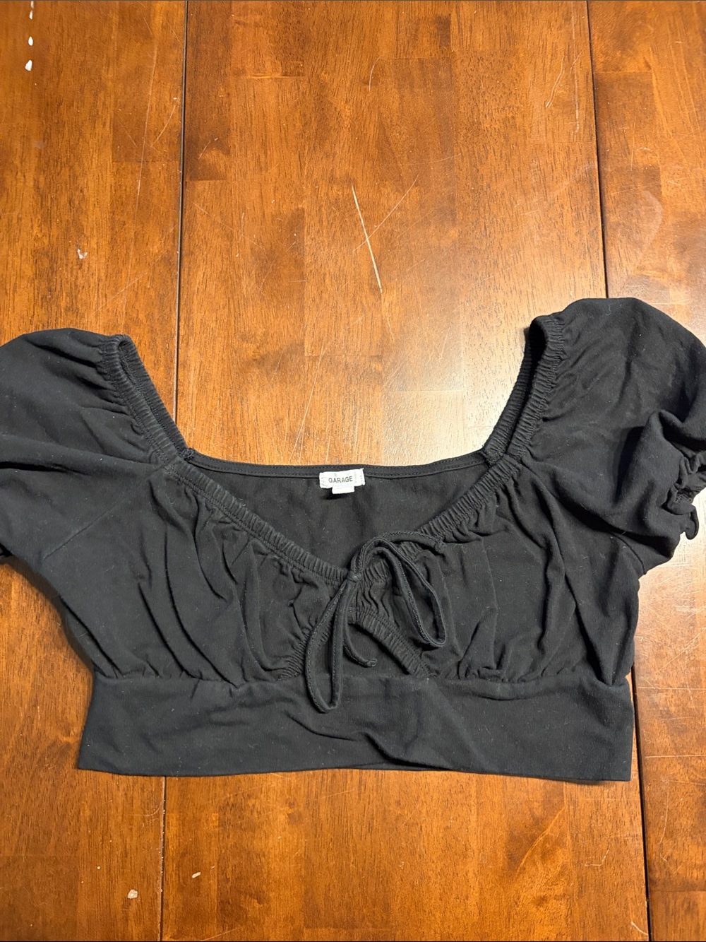 Garage Black Puff-Sleeve Tie-Front Crop Top